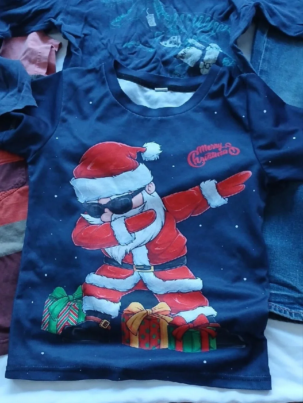 Old Navy Navy Long-Sleeve Santa Graphic Tee with Red & White Accents